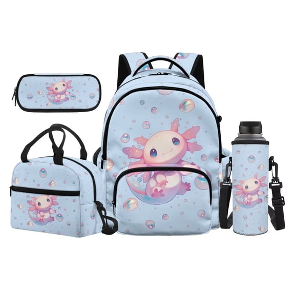 Jeiento Cute Axolotl 17 Inch Schoolbag Set for Back to School 4-Piece Lunch Bag Pencil Case Water Bottle Holder Blue Lightweight Durable Large Capacity Backpack for Girls Children