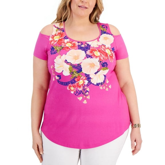 JM Collection Plus Size Floral Cold Shoulder Top Fuchia Tulip Combo 1X