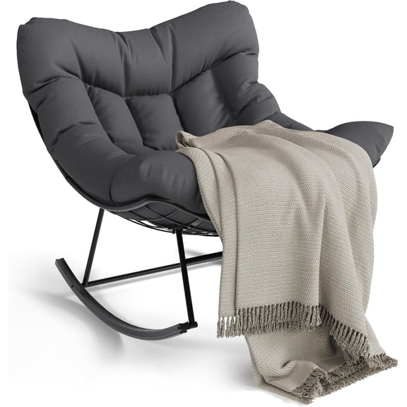 Outdoor Papasan Rocking Chair, Rattan Egg Rocker with Sturdy Metal Frame for Balcony/Backyard