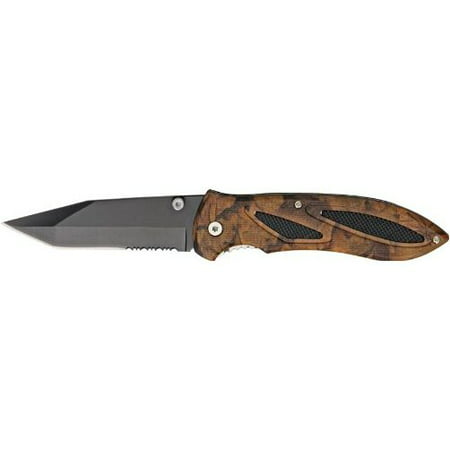 China Made 210959BK Part Serrated Raven Black Coated Tanto Linerlock Knife with Brown Camo Composit