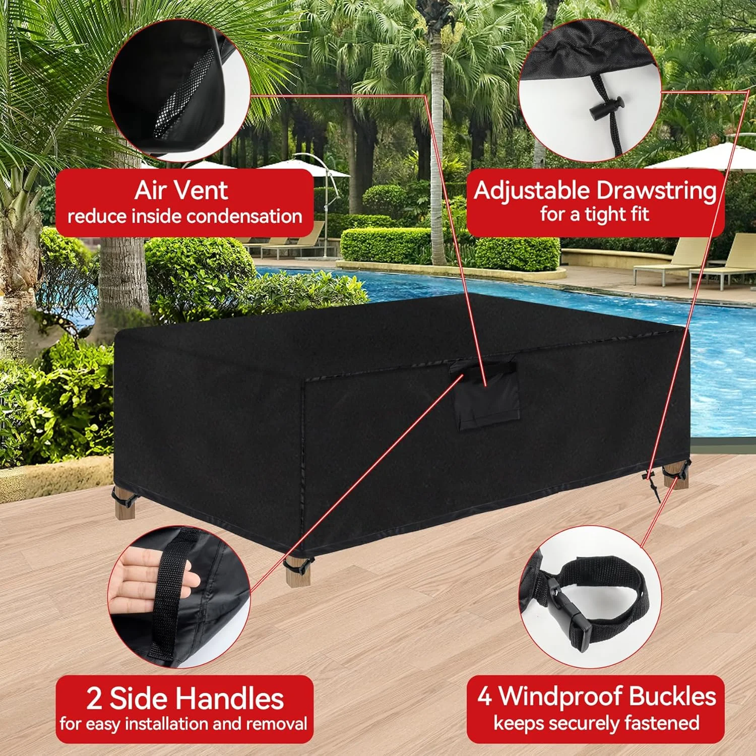 Outdoor Rectangular Coffee Table Cover 42x24x18 Inch Waterproof Windproof Heavy Duty Oxford Patio Furniture Protector Black