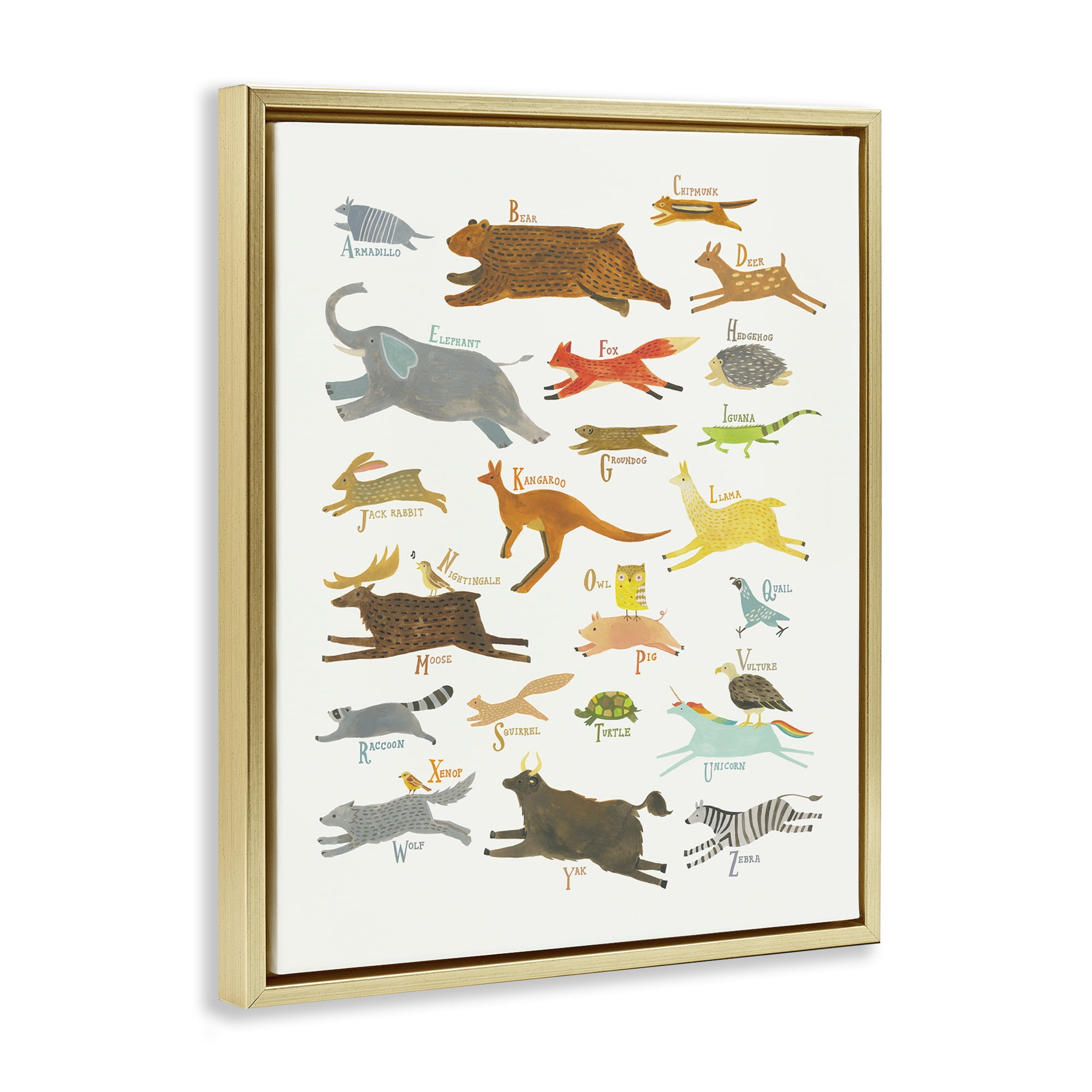 Stupell Industries Wild Animals Alphabet Education Painting Gold Floater Framed Canvas Art Print Wall Art, 17 x 21