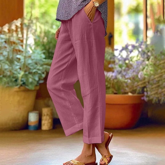 AUNVITO Women's Linen Blend Pants Solid Color Elastic Waist Straight Wide Leg Casual Comfortable Trousers