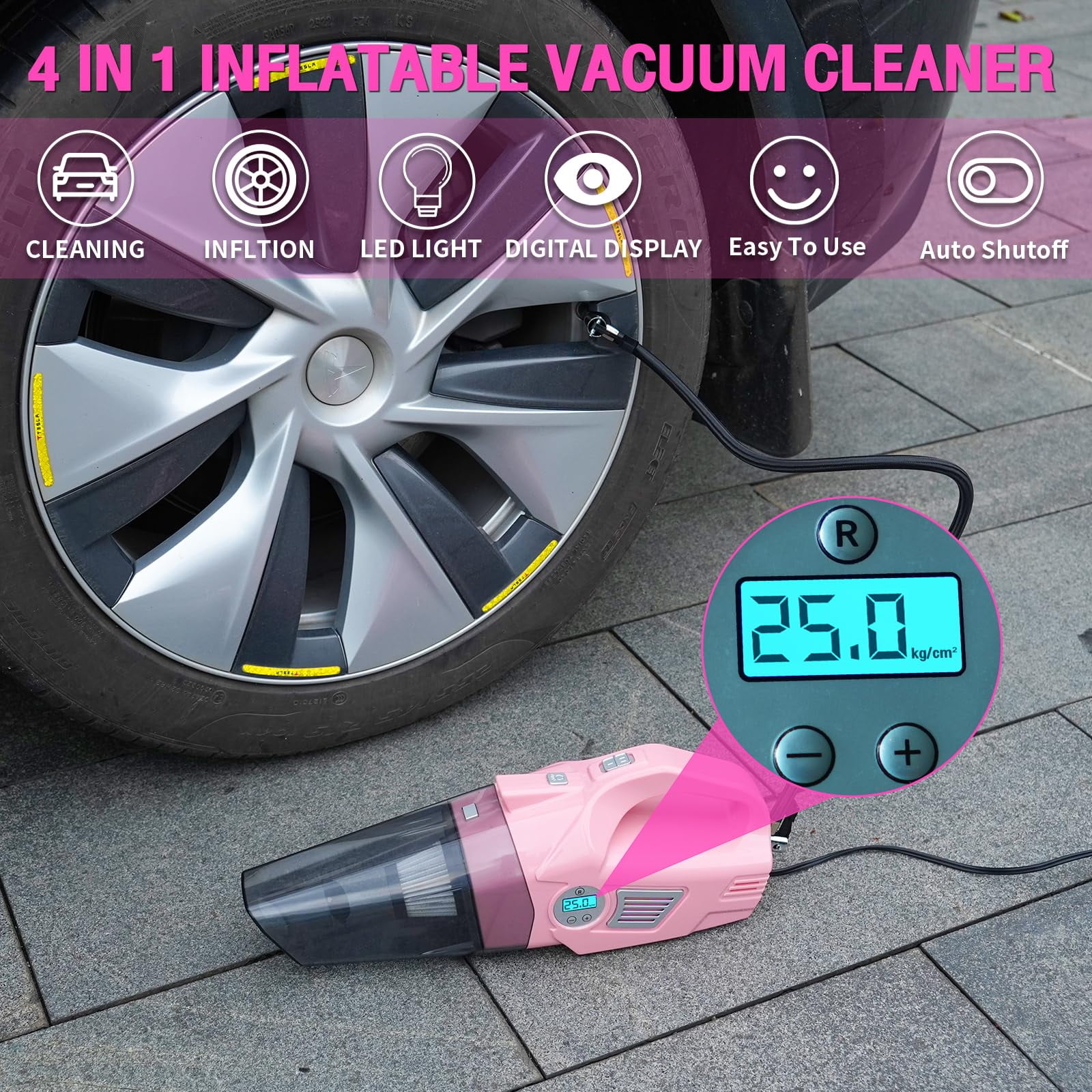 Vioview Roadside Emergency Car Safety Kit, with 4-in-1 Inflatable Car Vacuum Cleaner, Pink Jumper Cables, First Aid Kit, Tow Rope. Vehicle Must Haves Emergency Kit Accessories for Women