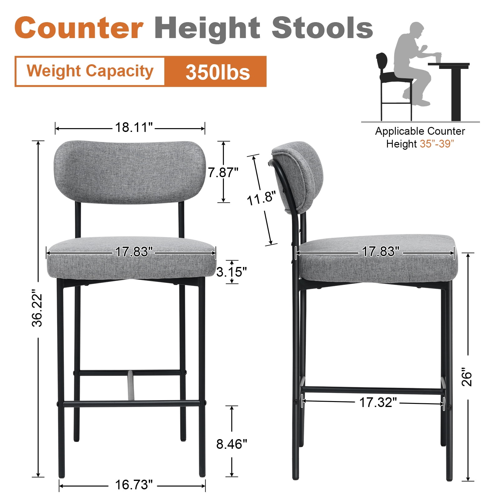 Hommpa Bar Stools Chairs Set of 4, 26" Gray Fabric Kitchen Counter Stools with Curved Back and Footrest, Fabric Counter Height Bar Chair for Kitchen Island