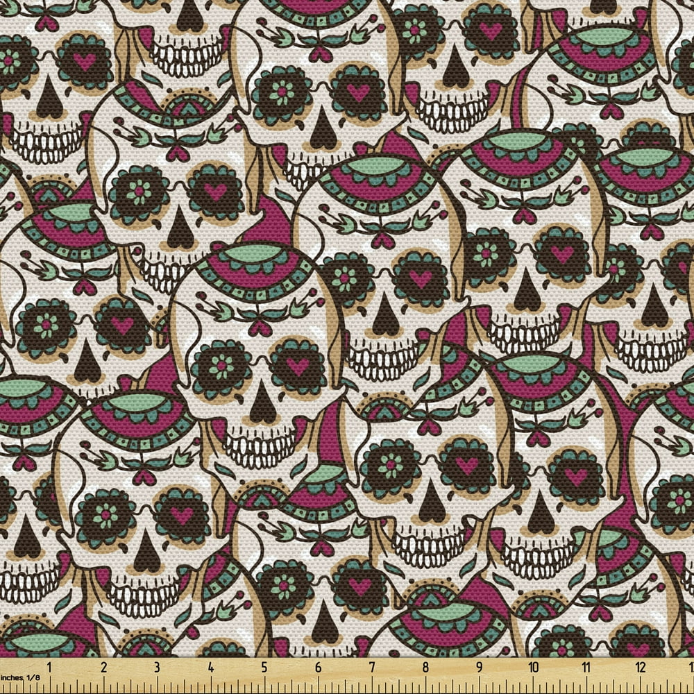 Sugar Skull Fabric by the Yard, Creepy Head Bones with Paisley Floral