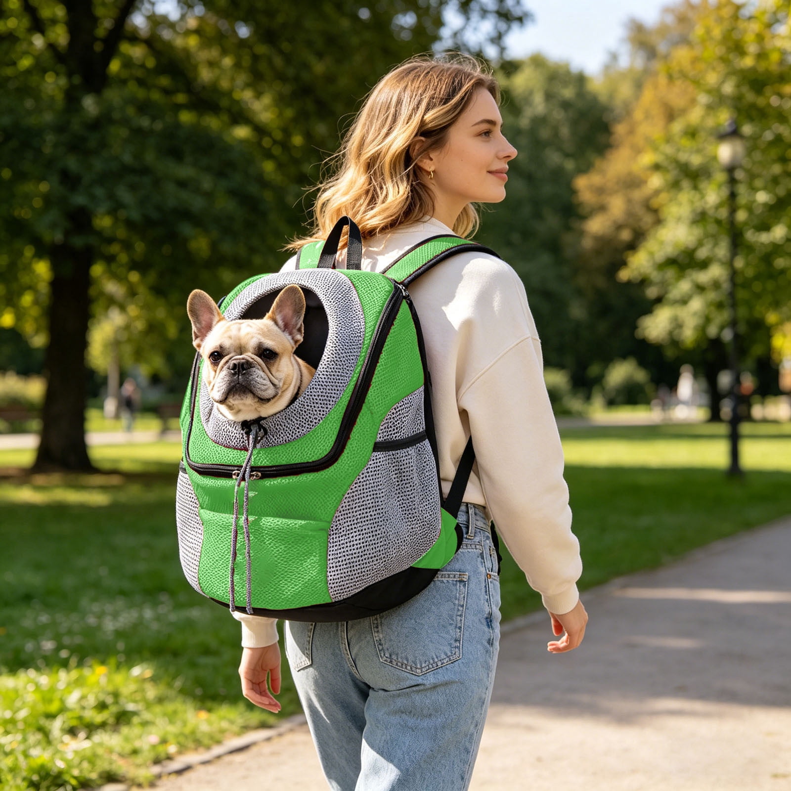 Breathable Pet Carrier Backpack, Head-Out Design Adjustable Dog Cat Backpack with Safety Belt, Mesh Ventilated Travel Backpack with Side Storage Pockets for Small Dogs Cats Outdoor Hiking(Green,M)