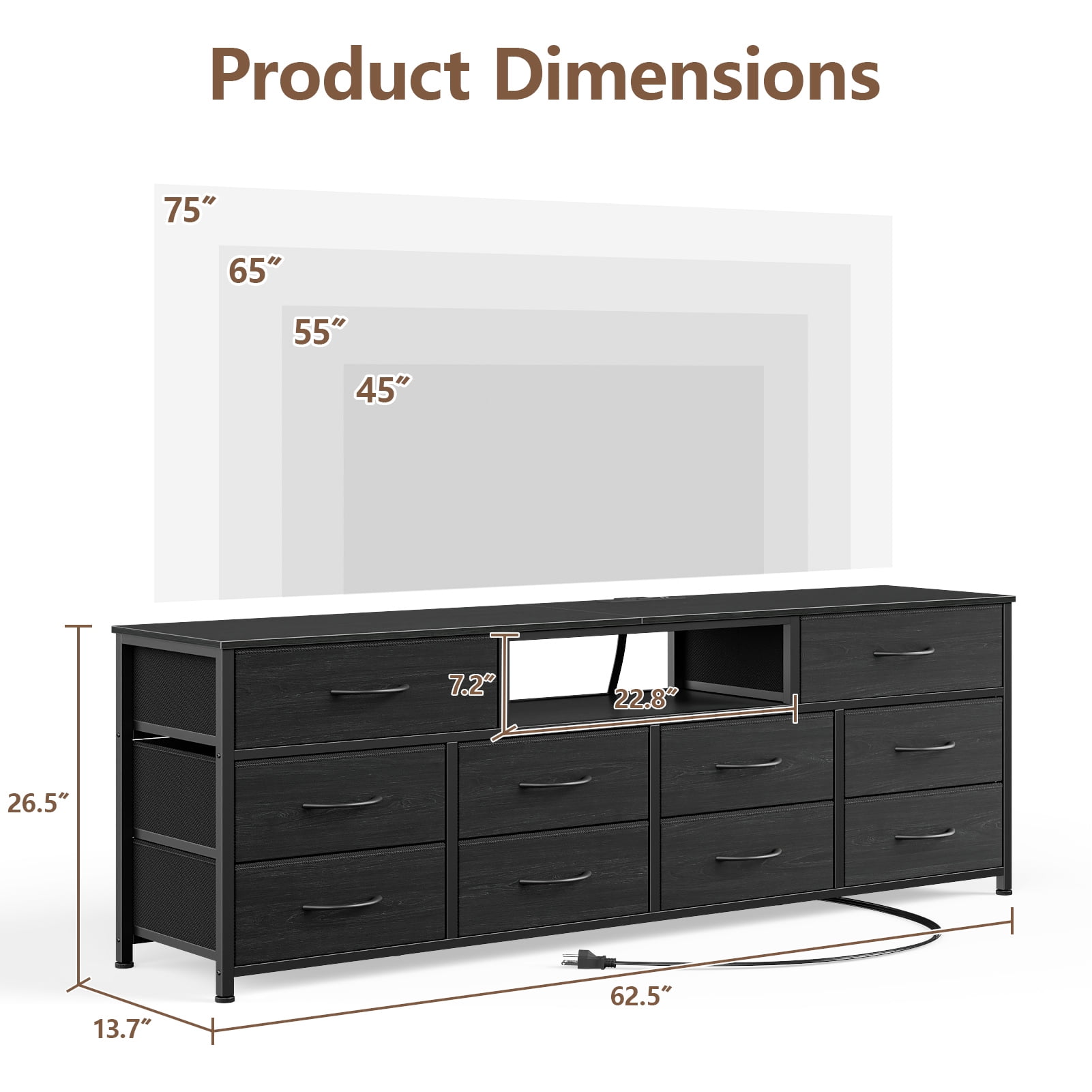 Tydimor TV Cabinet Stands for TVs up to 75", Entertainment Center with Outlet & LED, Media Console Table with 10 Drawers for Living Room, Black