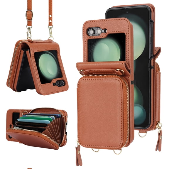 Allytechgroup Galaxy Z Flip 5 Wallet Case with Crossbody Lanyard, Premium PU Leather Stylish Purse Design Protective Shockproof Mini Phone Case Bag for Samsung Galaxy Z Flip 5, Brown