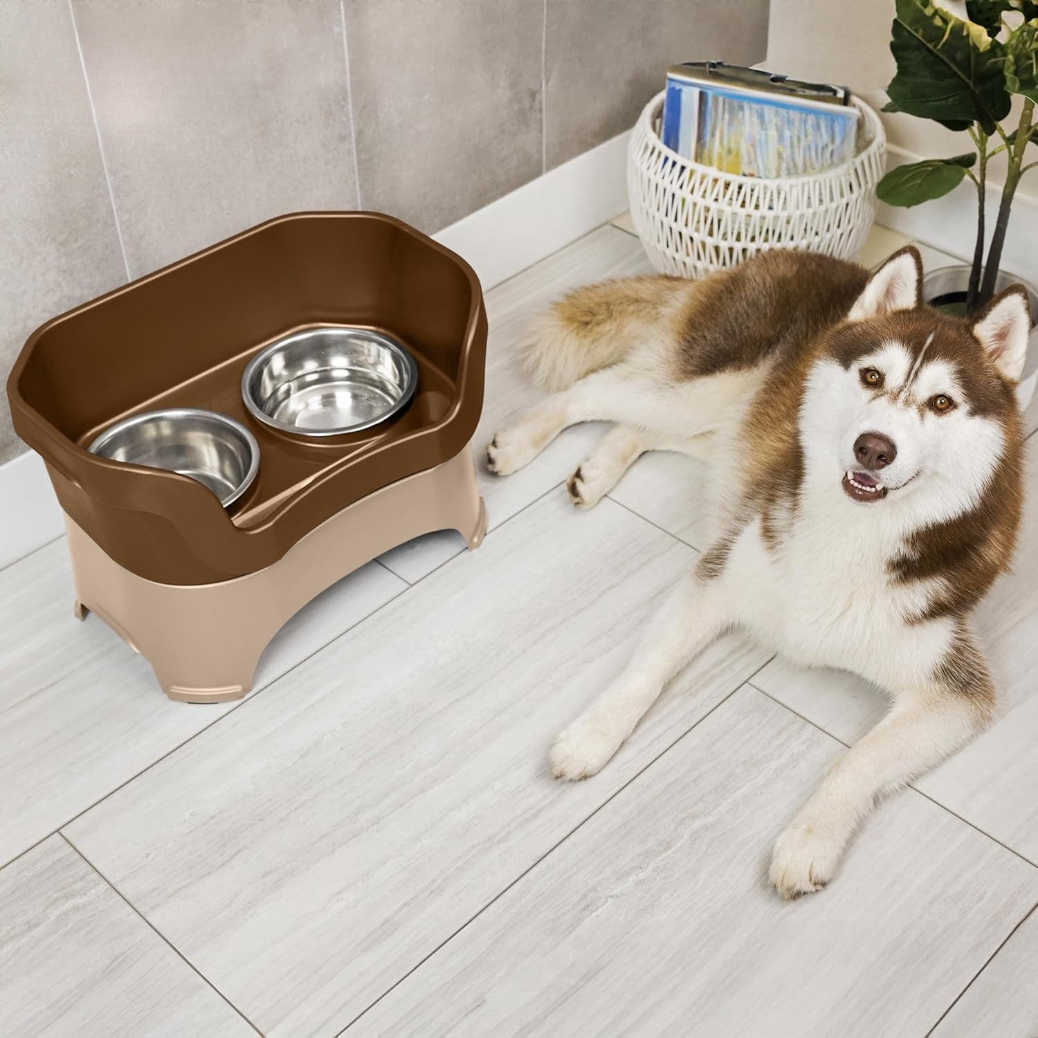 Mess Proof Dog Bowls Elevated for Large Dogs Over 40 lbs, No Spill Raised Dog Food Bowl Stand Feeding Station, Food and Water Bowl Set, Bronze