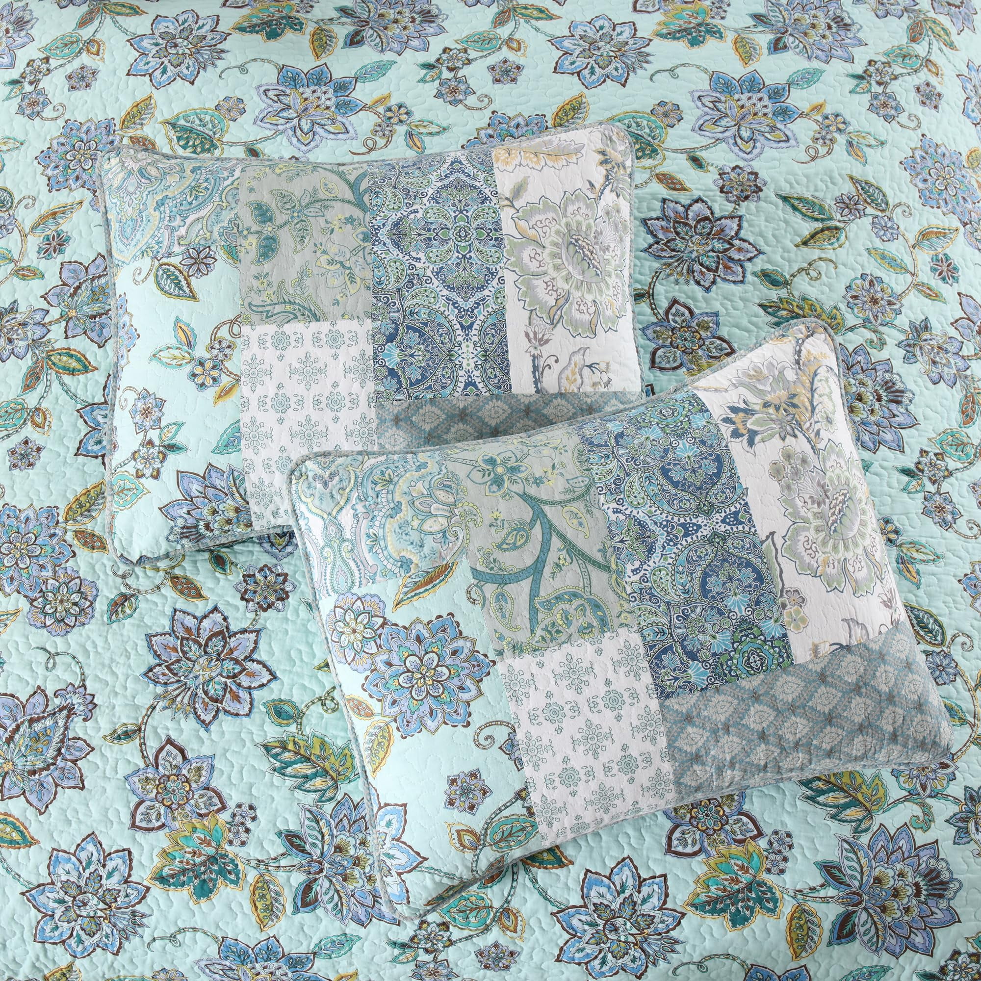 NEWLAKE 3-Piece Floral Cotton Patchwork Quilt Set Decor Quilt Set with Pillow Shams (Queen, Light Turquoise)