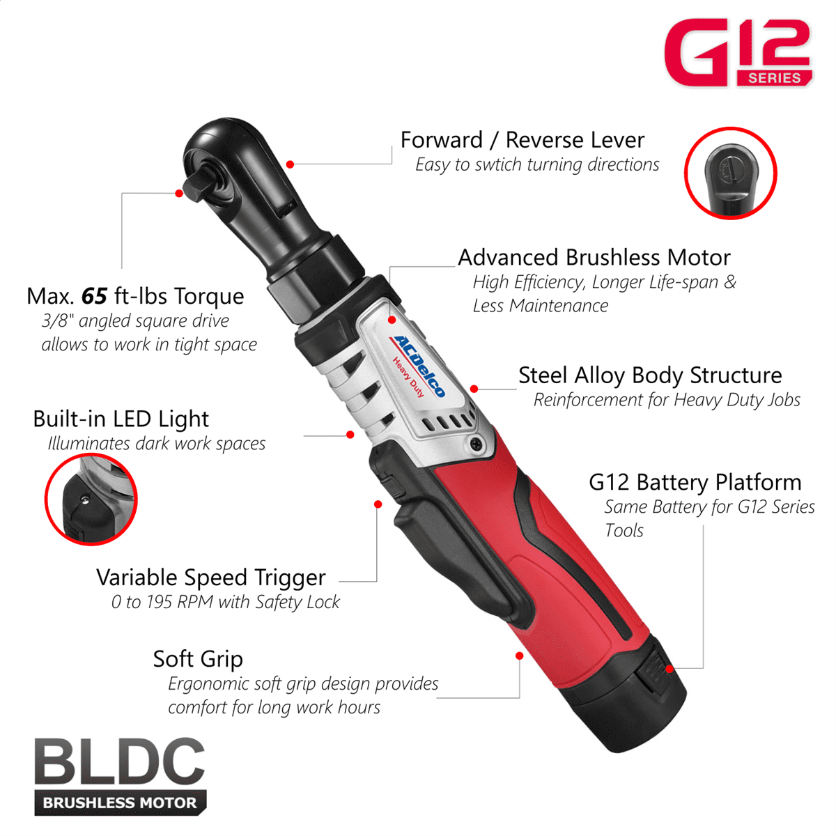 ACDelco G12 Series 12V Cordless Combo Kit: 3/8" Brushless Ratchet Wrench & 1/4" Impact Driver - Includes 2.0Ah Battery & Charger ARW12103-K2