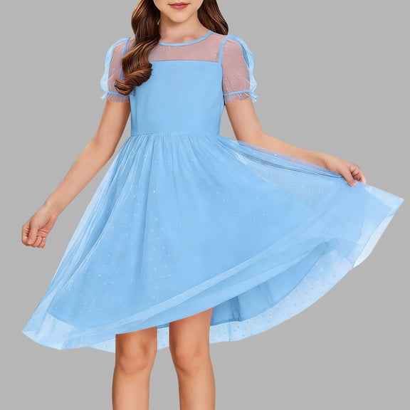 FSYBOA Girls Summer Dresses, Midi Length Crew Neck Shorts Sleeve Party Kids Casual Dresses Light Blue Size 14-16T