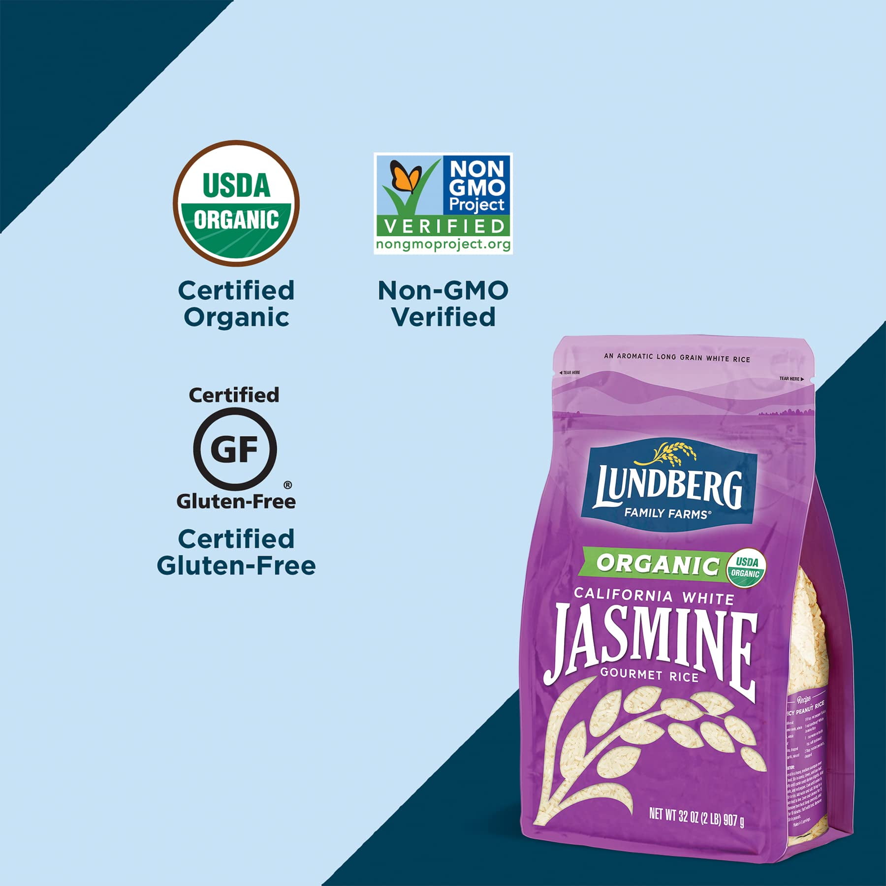 Lundberg Family Farms - Organic California White Jasmine Rice, Floral Scent, Buttery Flavor, Clings When Cooked, Bulk Rice, Gluten-Free, Non-GMO, USDA Certified Organic, Vegan, Kosher (32 oz, 6-Pack)