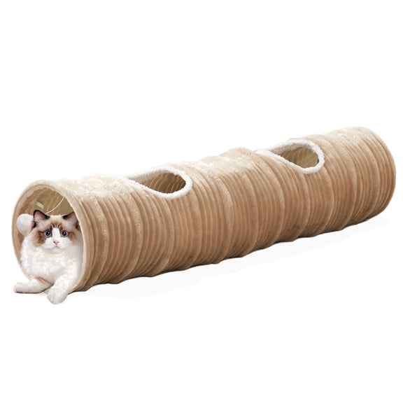 WINDRACING Cat Tunnel, 45.3"L x 11.8" Dia Straight Tube with Peekaboo Holes & Interactive Hanging Ball, Foldable Cat Toy for Indoor Cats, Rabbits & Small Pets, Beige