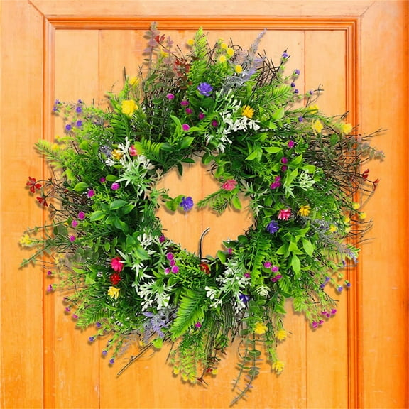 Spring Wreath On The Outdoor Front Door Welcomes Summer Flowers, Weather Proof Green Year-Round Wreath, Home, Rural Outdoor Interior Decoration Green