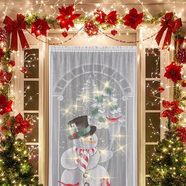 Décorations de Noël Rideau Bonhomme de Neige de Noël Rideaux de Noël Feuille de Houx Rideaux de Porte de Noël Rideaux Verticaux Salon Chambre Rideaux de Fête Rideaux en Polyester