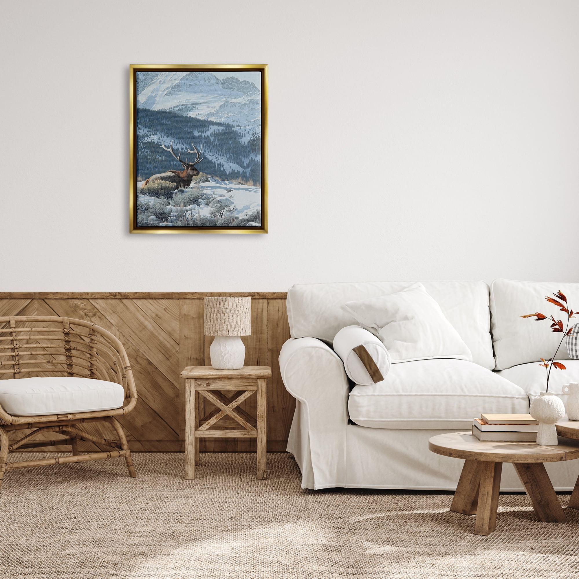 Stupell Industries Deer in Snowy Mountains Nature Painting Gold Floater Framed Art Print Wall Art, 25 x 31