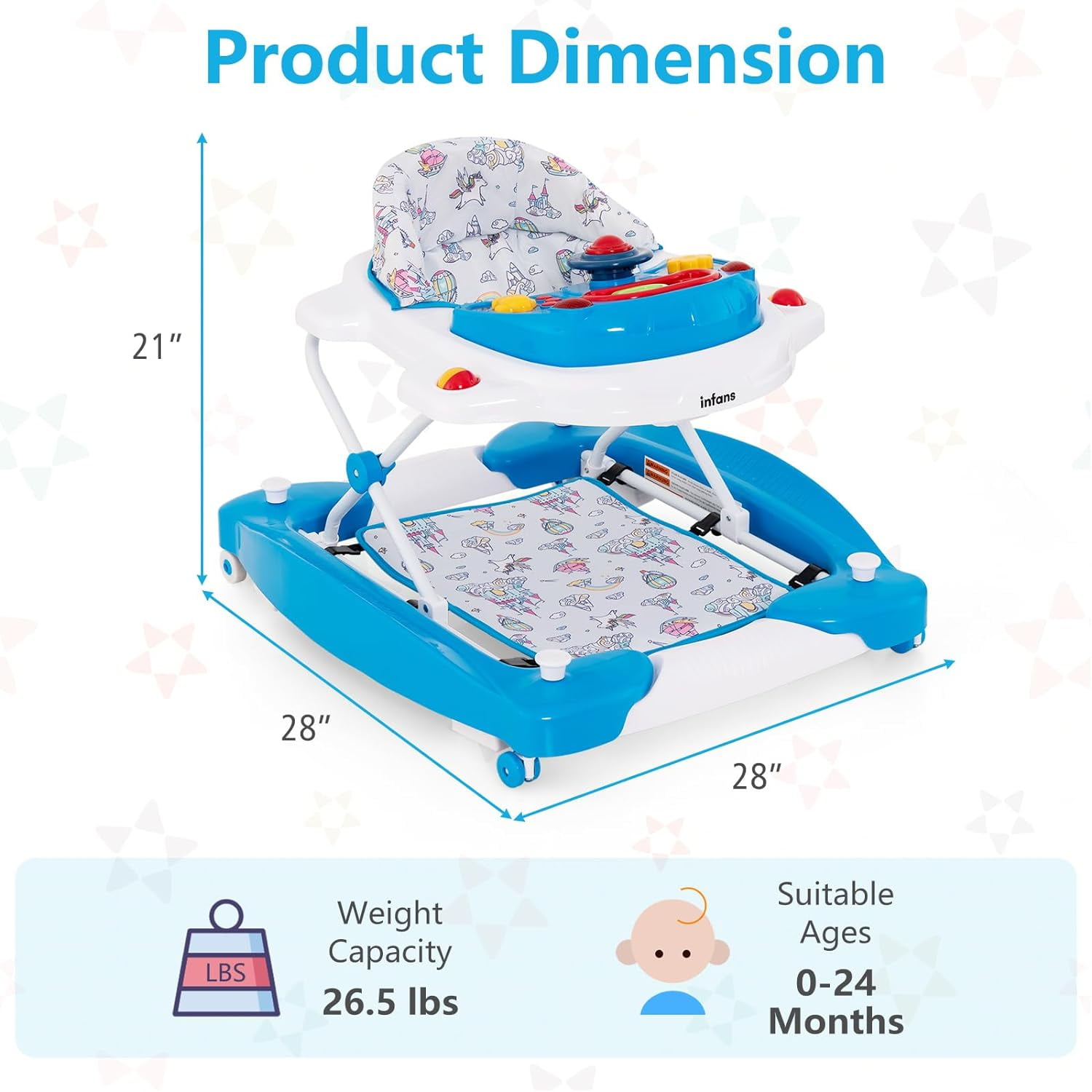 INFANS Baby Walker, 6 in 1 Behind Walker Learning Seated Rocker Bouncer with Removable Music Tray, Adjustable Height, Washable Seat Cushion, Foldable Activity Center for Toddlers