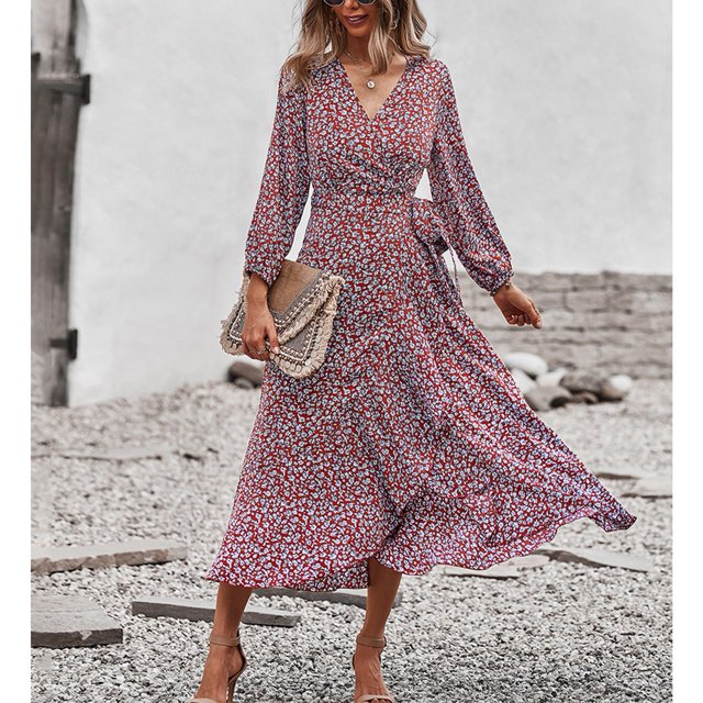 Vestido de una pieza informal de manga larga, vestido floral con cintura cruzada para mujer Vestido floral de manga larga para mujer Vestido cruzado de manga larga para mujer Respuesta rápida