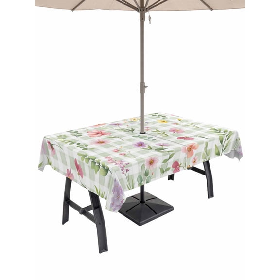 Outdoor Tablecloth with Umbrella Hole for Patio/Picnic/Party/Camping, Spring Floral Waterproof Table Cloth Rectangle Table Cover Washable, Pink Flowers Green Plaid Pastoral (60"x 84")