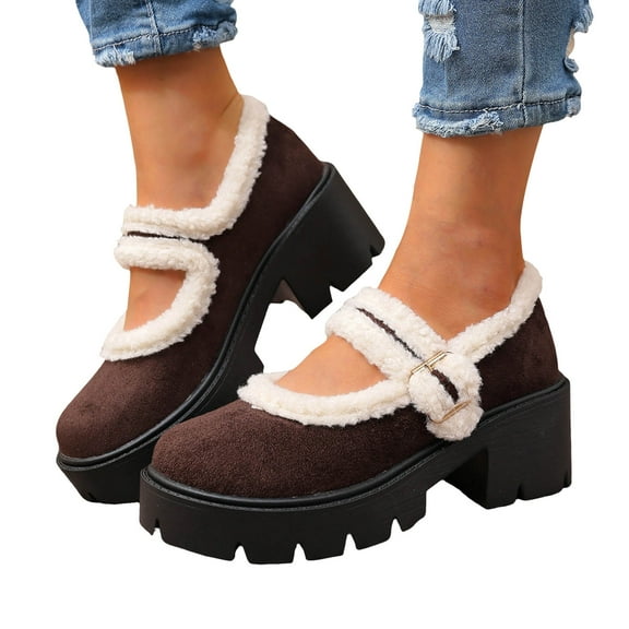 Women's Suede Fuzzy Mary Jane Shoes Fleece Lined Warm Plush Slip On Loafers Non Slip Platform Fall Winter Dress Shoes Brown Size 6.5