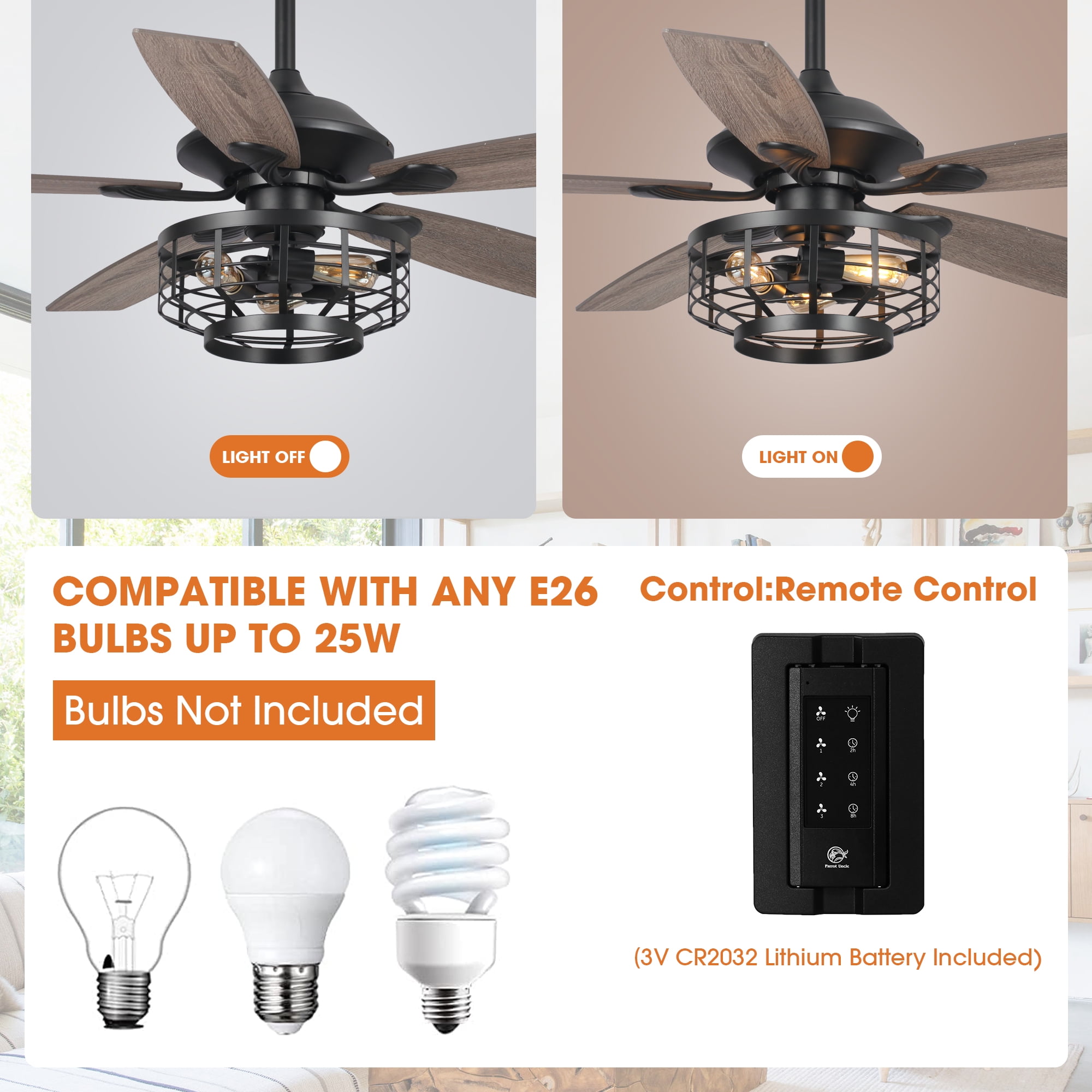 Parrot Uncle 52-Inch Industrial Ceiling Fan with Incandescent Light and Remote