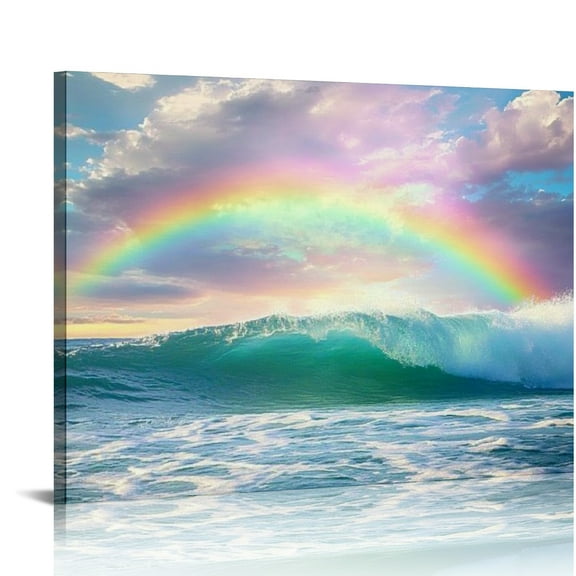 Patifu Rainbow Wall Decor - Ocean Canvas Wall Art for Girls Room Seascape View Wave Painting Artwork Home Living Room Bedroom Bathroom Decorations Ready to Hang 20x16in