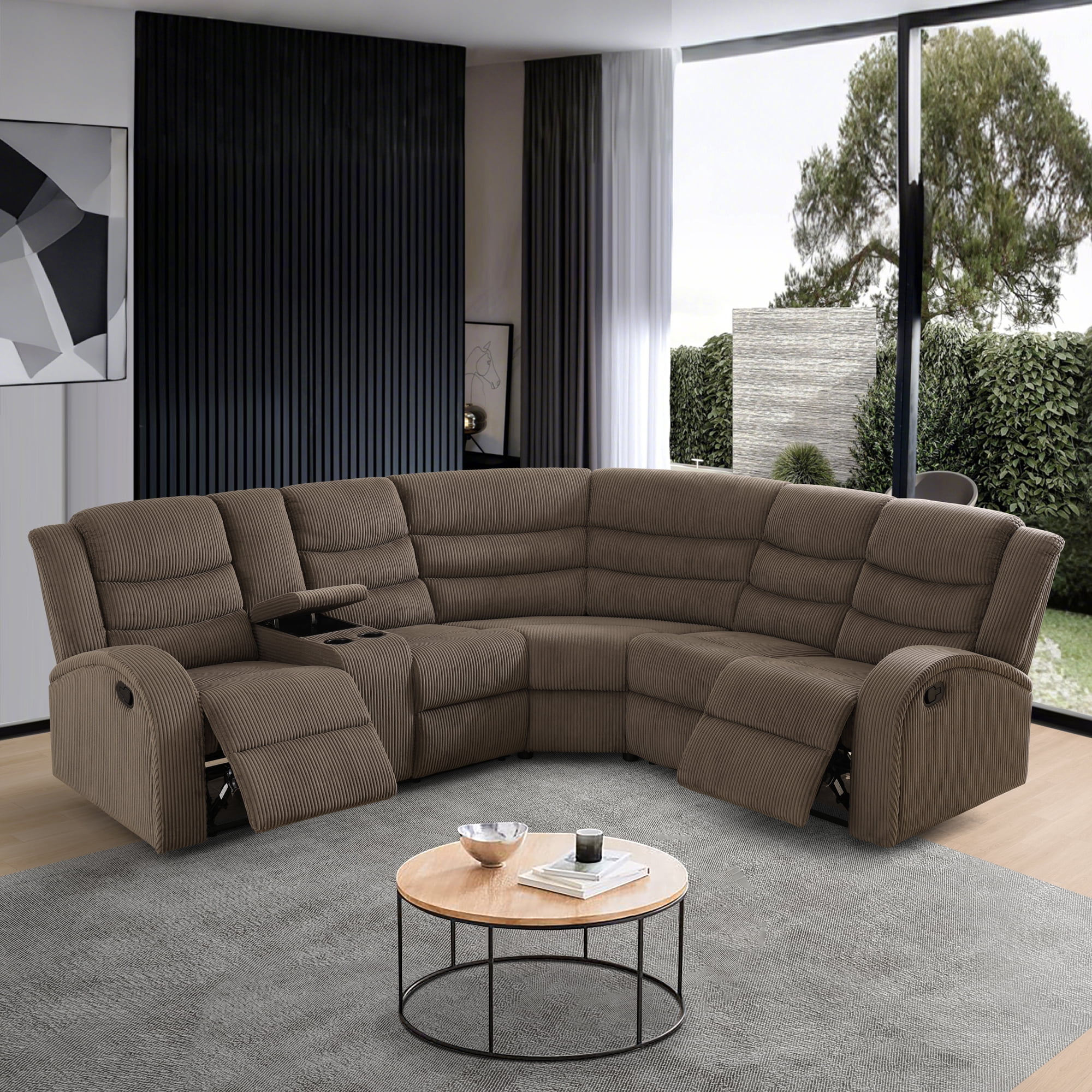Gewnee Brown Striped Fabric Manual Recliner Sectional Sofa, Angle Adjustable with Cup Holder, Oversize Couch for Living Room Home Office Theater