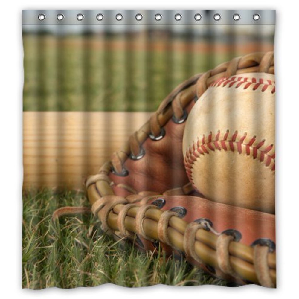 HelloDecor Baseball Equipment Shower Curtain Polyester Fabric Bathroom