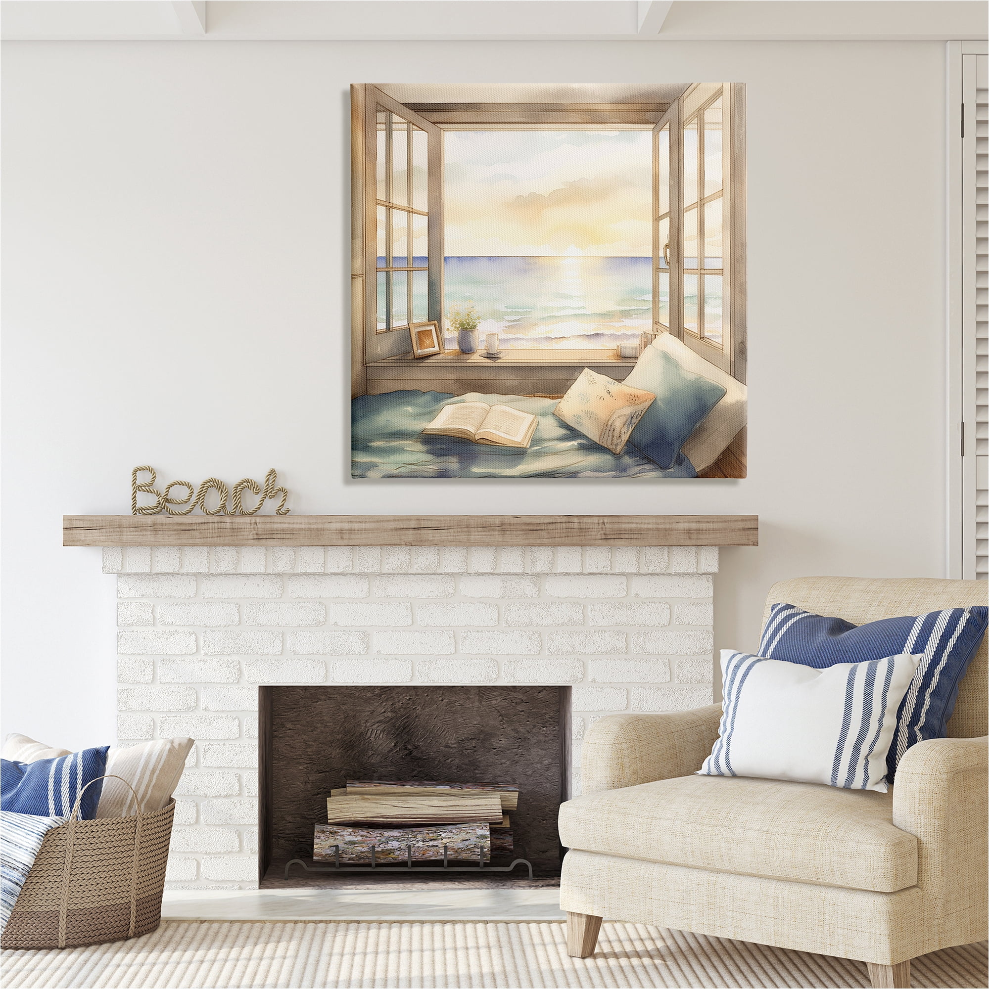 Stupell Industries Beach Window View Landscape Painting Gallery Wrapped Canvas Art Print Wall Art, 36 x 36