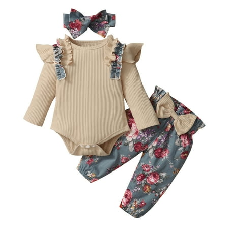 

dmqupv Gifts for Newborns Girls Baby Girls Long Sleeve Ruffles Romper Bodysuit Floral Print 3d Sleepwear Sets Khaki 6-12 Months