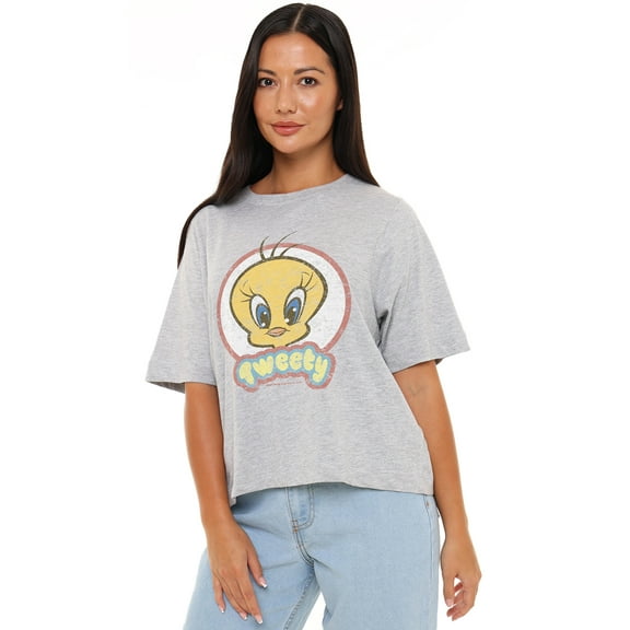 Looney Tunes Retro Tweety Women's Boxy Cropped T-Shirt Casual Graphic Tee