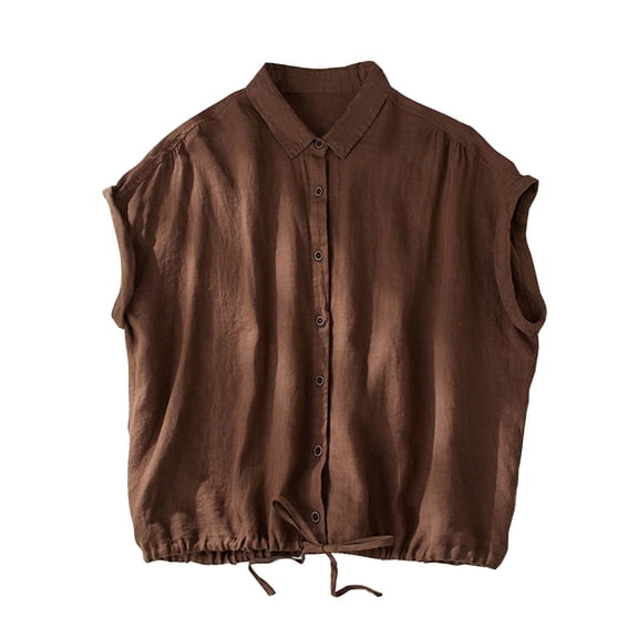 SAFUNY Women's Short Sleeve Collared Neck Drawstring Blouse Loose Lightweight Daily Casual Top Coffee L