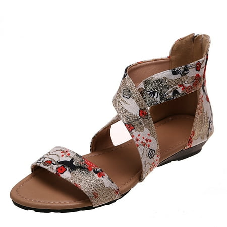 

Women s Open Toe Flat Ankle Strap Floral Open Toe Sandals with Zipper Closure