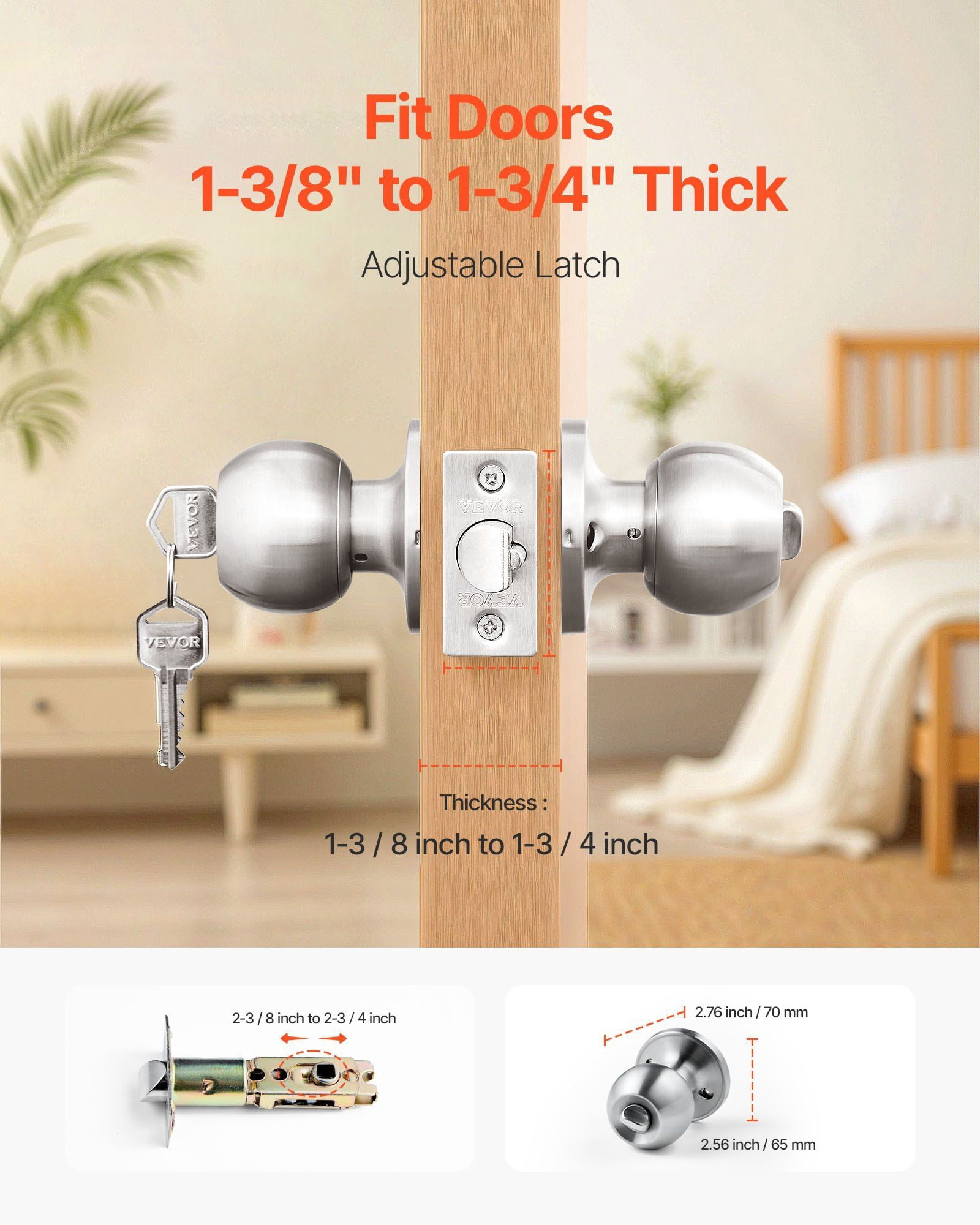 Keyed Entry Door Knob, Satin Nickel Round Ball Doorknob with Keyed Exterior and Thumb Turn Lock Interior, All Metal Hardware for Bedroom Bathroom