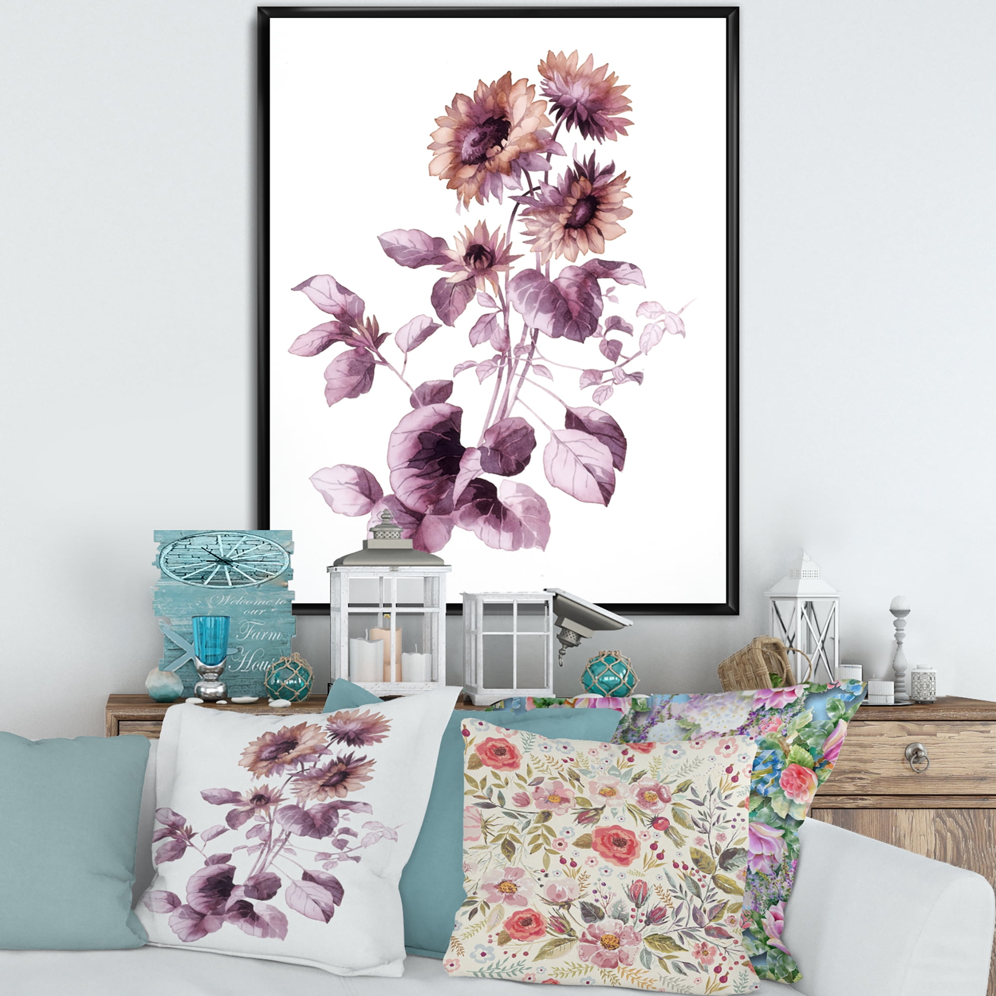 Designart 'Purple Wildflowers On White III' Traditional Framed Canvas Wall Art Print