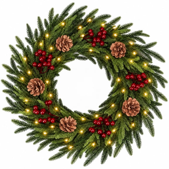 Ayieyill Artificial Christmas Wreath for Front Door, 24 Inch Norfolk Pine Wreath with LED Lights, Green Wreath for Indoor Outdoor Christmas Decorations