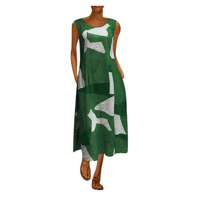 Bigersell Robes pour Filles Femmes Grande Taille Imprimé Quotidien Décontracté Sans Manches Vintage Bohème Col Rond Robe Cocktail Grande Taille Style 3716, Robe Longue Verte P