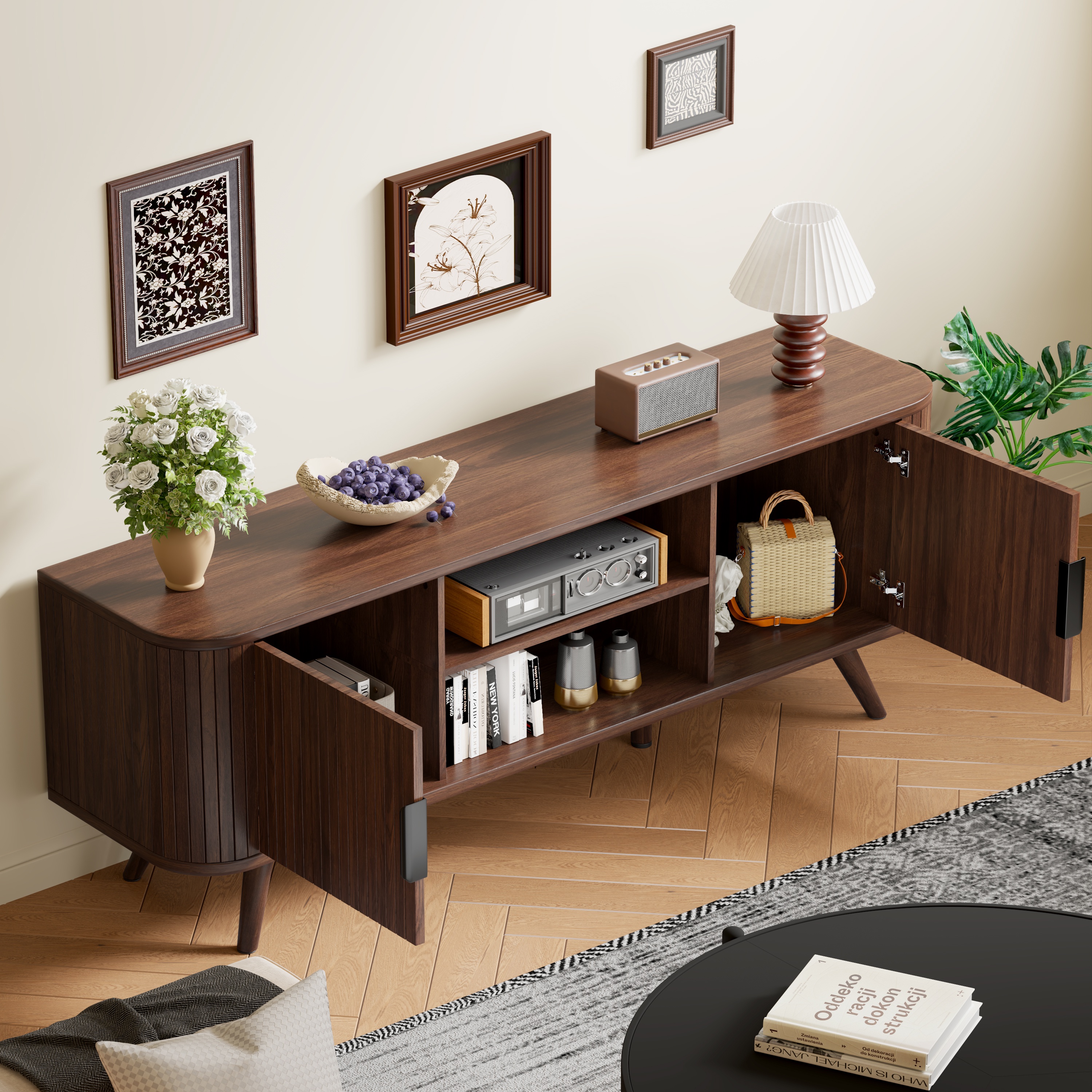 Tydimor 65" TV Stand with Storage Shelves & Drawers, Walnut photo 2