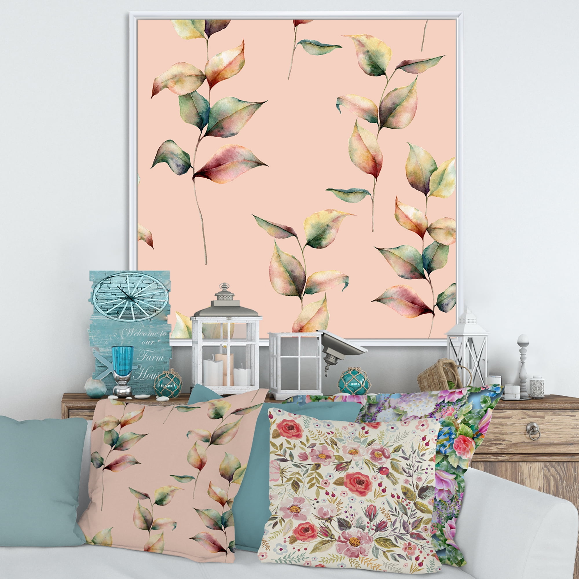 Designart 'Autumn Pink Leaves with Branch On Pastel Colors' Traditional Framed Canvas Wall Art Print
