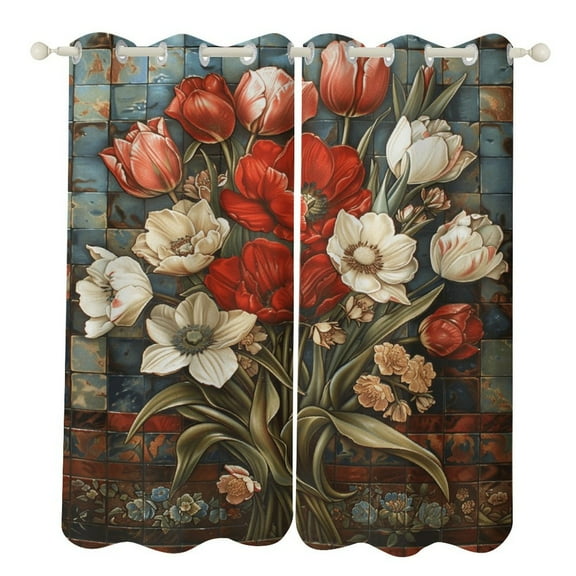 Boho Vintage Floral Curtains Aesthetic Envrionmental Friendly Picture, Living Room Bedroom Window Drapes 2 Panel Set