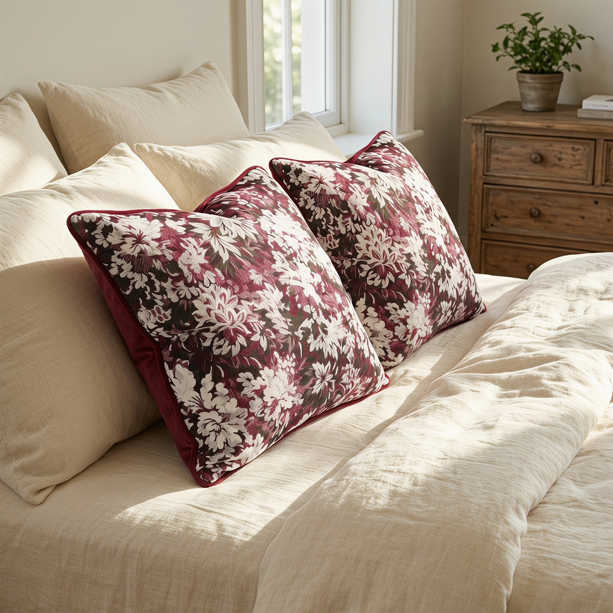 Unique Bargains Floral Throw Pillow Cover with Piped Edge Decor Cushion Case Red 18" x 18"