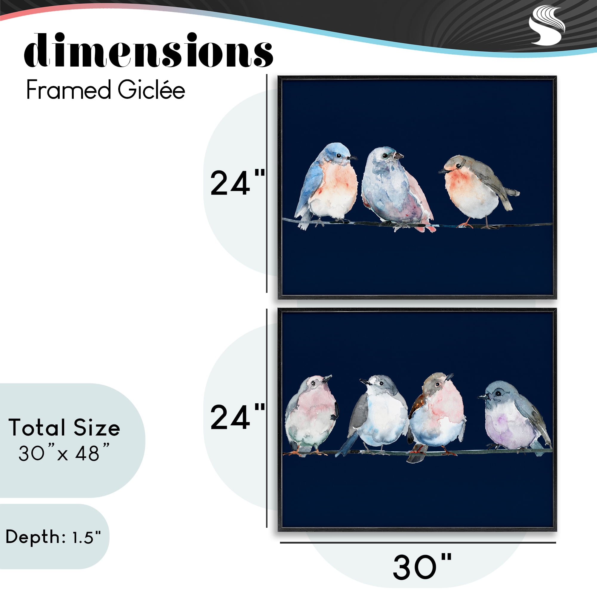 Stupell Industries Perched Navy Toned Birds 2 Piece Black Framed Giclee Art Set, design by Lorenzo Collective
