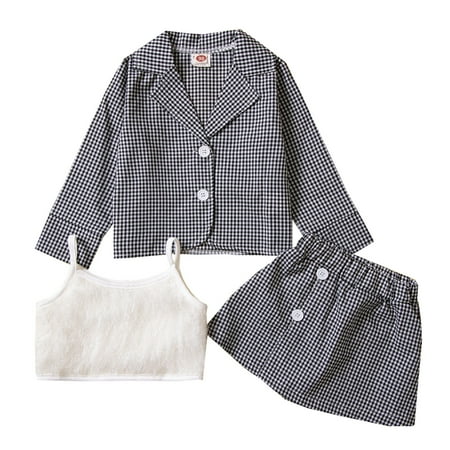 

Toddler Girls Outfit Set Spring Winter Long Sleeve Black White Plaid Coat Vest Tops Skirt 3Pcs Outfits Clothes Set