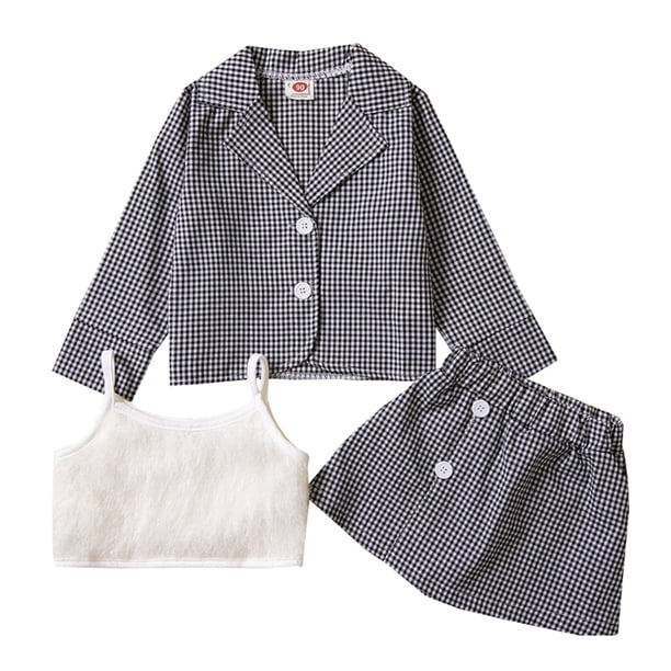 Chaqueta Elegante Niñas pequeñas Primavera Invierno manga larga negro Plaid abrigo chaleco Tops falda 3 uds trajes conjunto de ropa,blazer moda(Negro, 4-5 años)