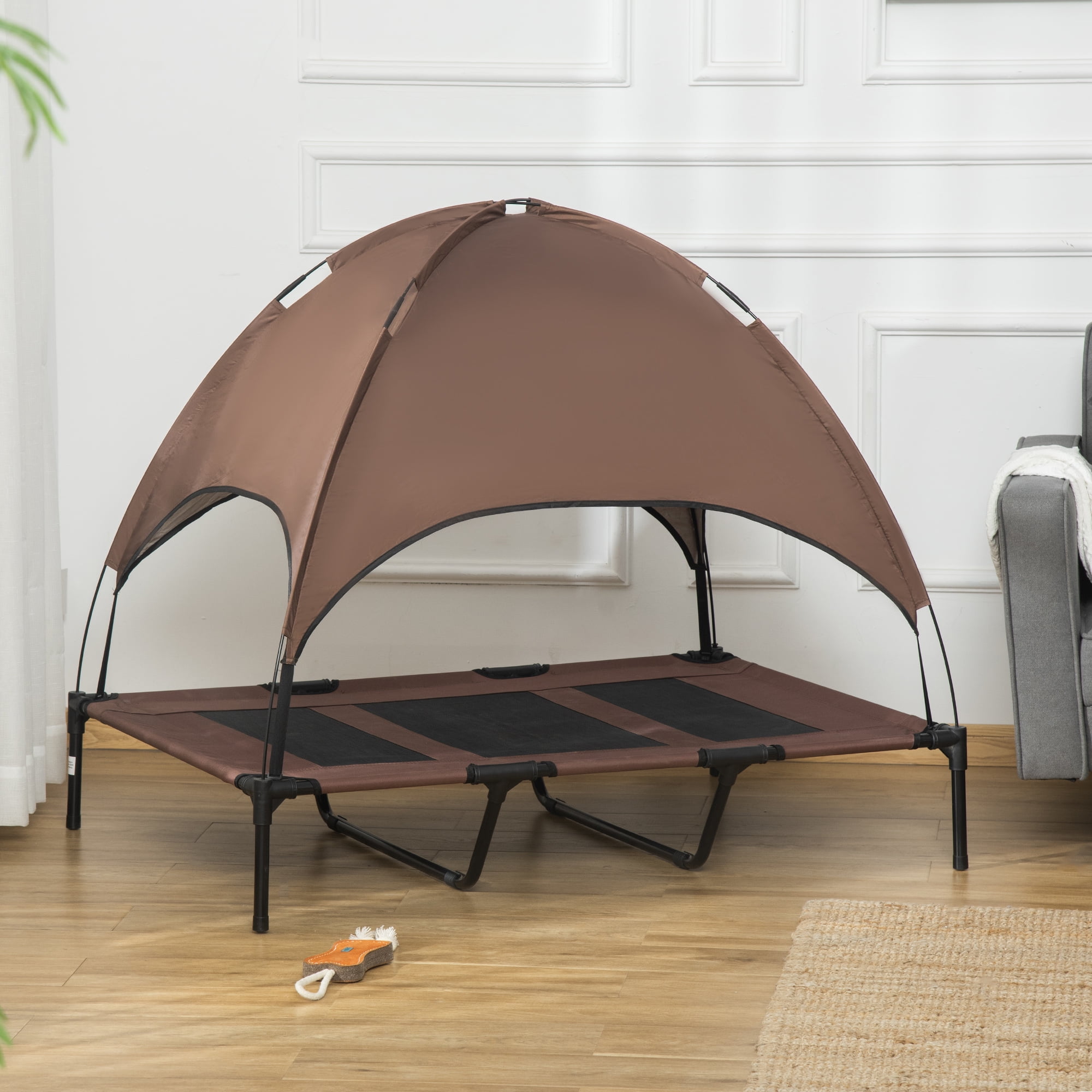 48 Inch Elevated Dog Bed with Removable UV Protection Canopy, Outdoor Breathable Mesh Dog Cot, 9" Elevated Airflow Supports Up to 110lbs, Portable Pet Bed for Camping Backyard, Coffee