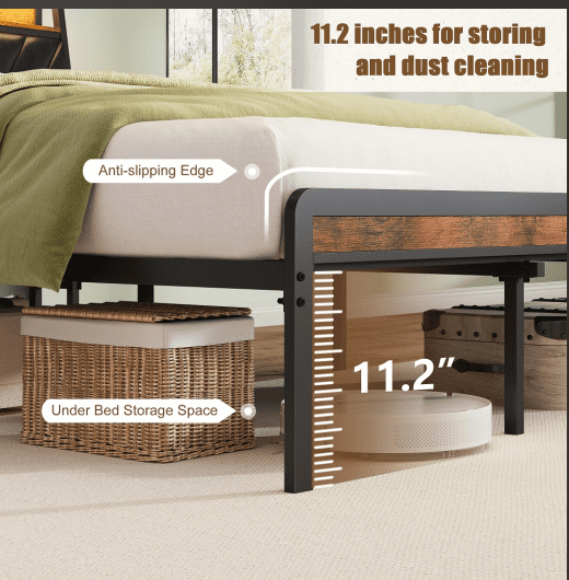 YDSM Queen size Platform Bed Frame with 105-Degree Tilted Upholstered Headboard, Charging Station, LED Lights, Noiseless, Black and Brown