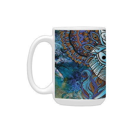 

Indian Decor Elephant Figure with Third Eye Symbol Ornaments Mystical Universe Swirls Boho Image es Ceramic Mug (15 OZ) (Made In USA)