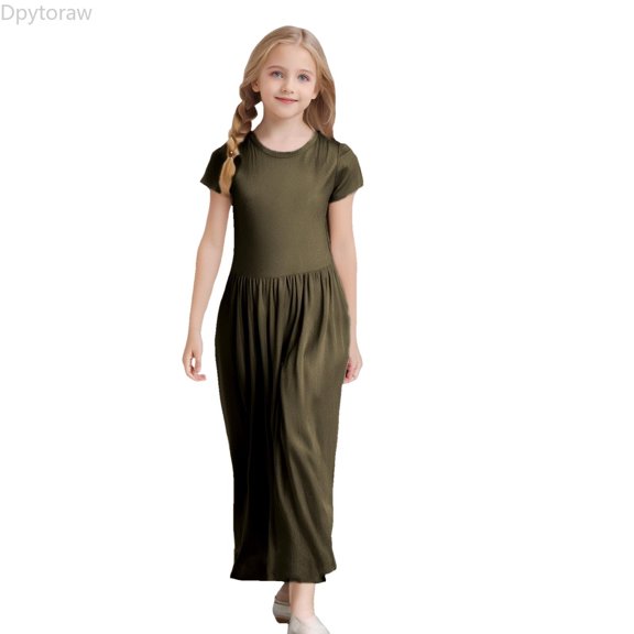 Dpytoraw Girl's Short Sleeve Solid Color Loose Casual Long Maxi Dress With Pockets Girls Casual Summer Dresses,Green Size 2-3 Years